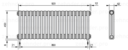Схема (чертеж) Радиатор Zehnder Charleston 2045/20 №3570 Белый глянцевый RAL 9016